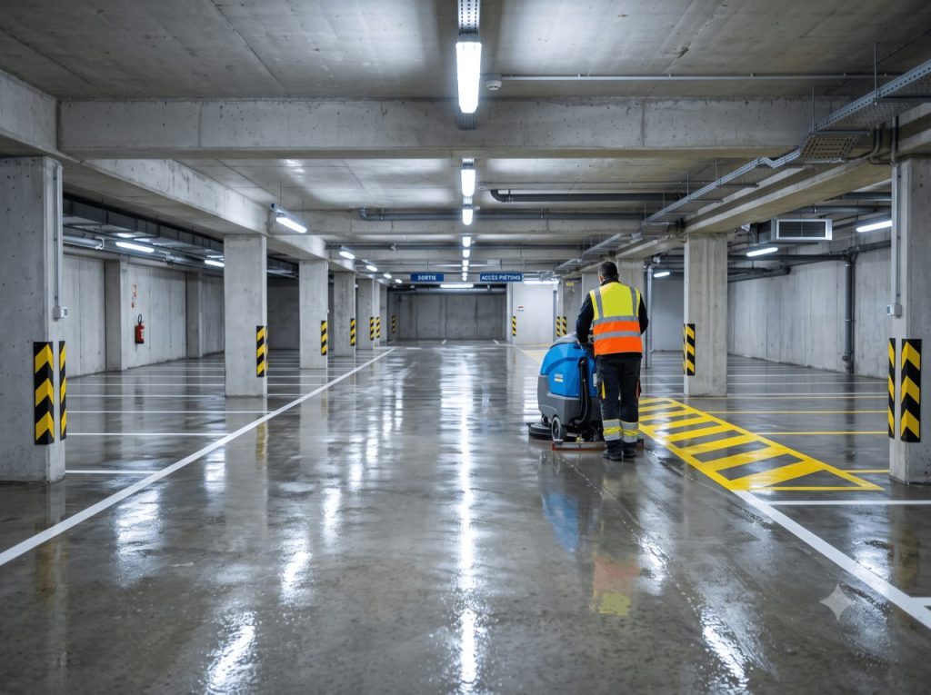 Photographie industrielle documentaire, légère contre-plongée, parking souterrain de copropriété fraîchement nettoyé. Sol béton lissé encore humide reflétant les luminaires, marquage au sol blanc et jaune net, place vide au premier plan, autolaveuse industrielle bleue en action en arrière-plan légèrement flou, opérateur de dos en tenue sombre et gilet haute visibilité.