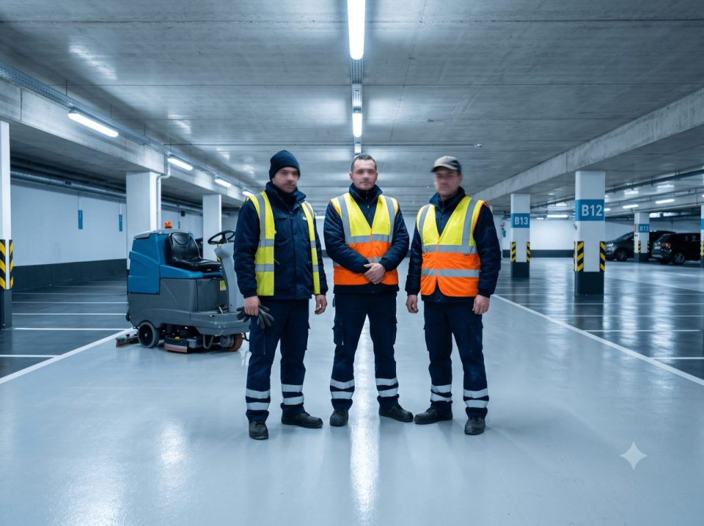Équipe de trois opérateurs en tenue de travail sombre et gilets haute visibilité, debout de trois-quarts dans un parking souterrain fraîchement nettoyé, autolaveuse autoportée derrière eux, sol béton clair brillant. Éclairage néon froid, dominante bleu marine et bleu clair, portrait de groupe professionnel et sobre, photoréaliste, aucun texte incrusté, aucun logo, visages non identifiables.