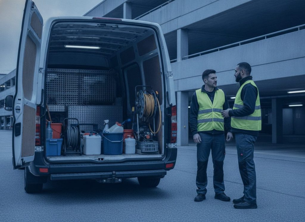 Deux opérateurs en tenue de travail sombre et gilets haute visibilité discutant devant un véhicule utilitaire ouvert à l’entrée d’un parking, matériel de nettoyage visible à l’arrière. Lumière de fin de journée couverte, dominante bleu marine et bleu clair, ambiance professionnelle, photoréaliste, aucun texte incrusté, aucun logo, plaque illisible.
