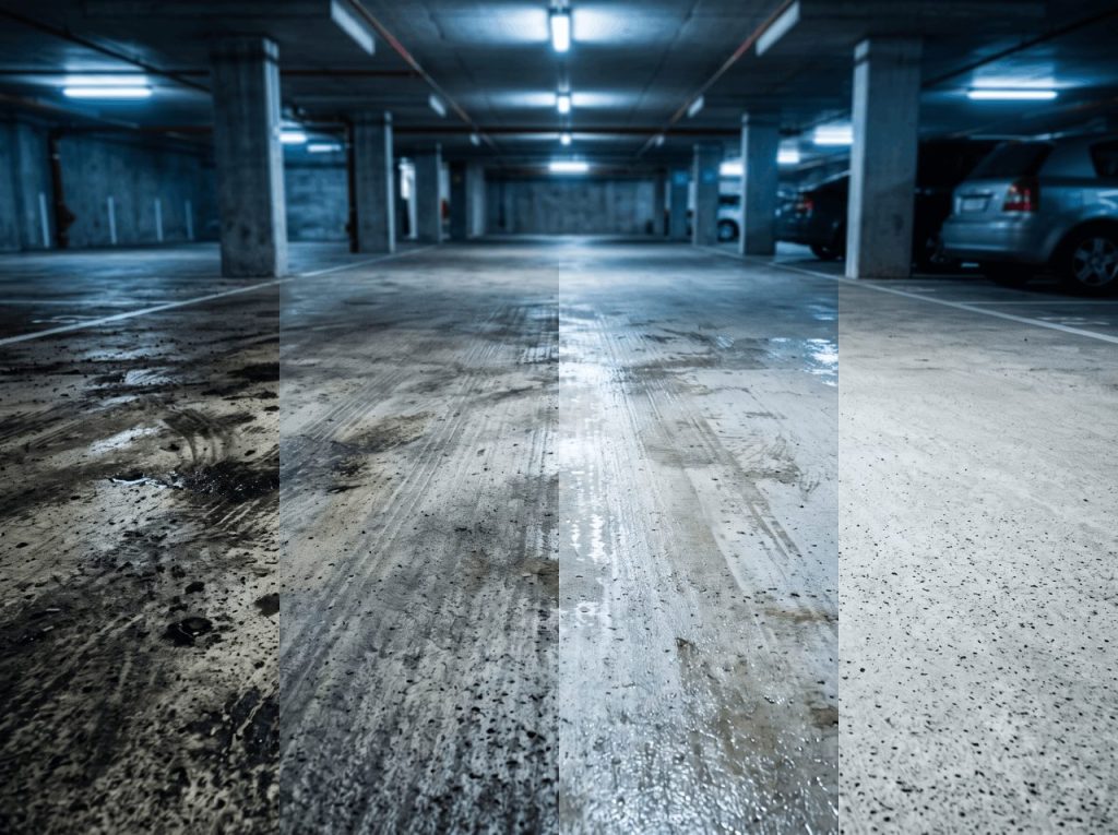 Plan rapproché d’un sol de parking béton divisé en quatre bandes verticales d’état croissant, de très encrassé à parfaitement nettoyé, démarcations franches entre les bandes.