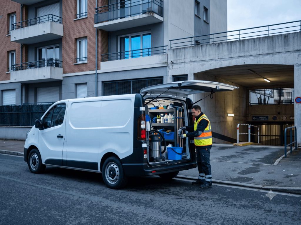 Véhicule utilitaire de société de propreté vu de trois-quarts avant, garé devant l’entrée d’un parking souterrain de résidence, hayon ouvert laissant voir du matériel de nettoyage rangé, opérateur en gilet haute visibilité.
