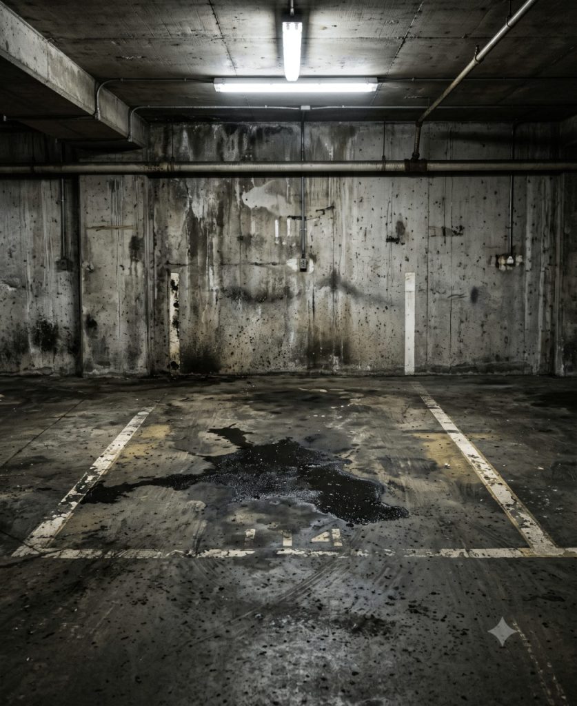 Cadrage vertical d’une place de parking souterrain avant nettoyage. Sol béton gris foncé couvert d’une pellicule grasse, large tache d’huile noire au centre, marquage blanc de la place partiellement effacé et jauni, mur béton avec traces d’humidité. Éclairage néon froid crû, ambiance dégradée et réaliste, photoréaliste, aucun texte incrusté.