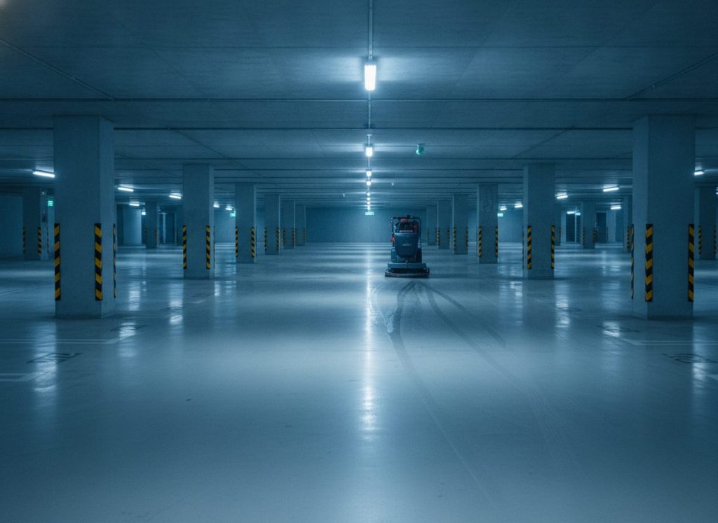 Parking souterrain de siège social vidé de nuit, sol béton clair miroitant sans aucune trace, places numérotées parfaitement alignées, autolaveuse autoportée en fin de passage, poteaux à bandes réfléchissantes. Éclairage LED froid homogène, dominante bleu marine et bleu clair, ambiance corporate, photoréaliste, aucun texte incrusté.