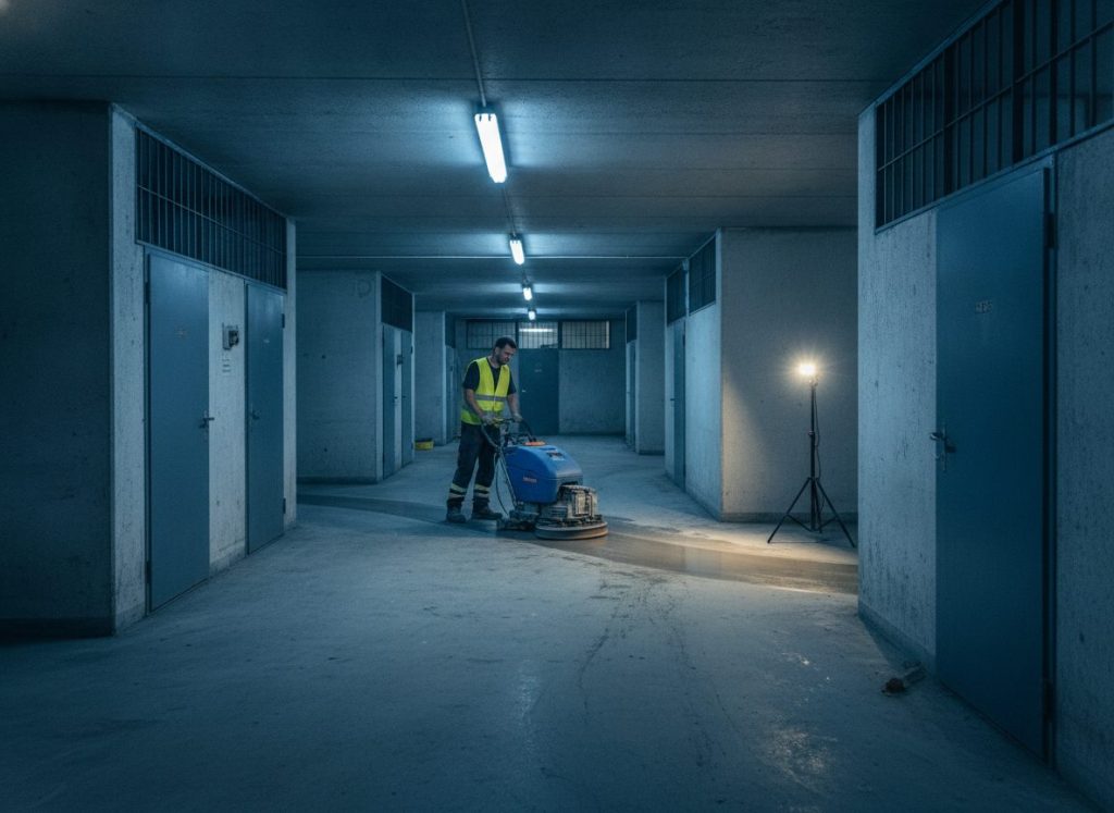 Niveau enterré d’un ensemble collectif après évacuation des encombrants et sécurisation, sol béton partiellement nettoyé avec démarcation nette, éclairage néon inégal complété d’un éclairage d’appoint, opérateur en gilet haute visibilité avec autolaveuse compacte. Dominante bleu marine, réalisme documentaire sans misérabilisme, photoréaliste, aucun texte incrusté, aucun tag lisible.