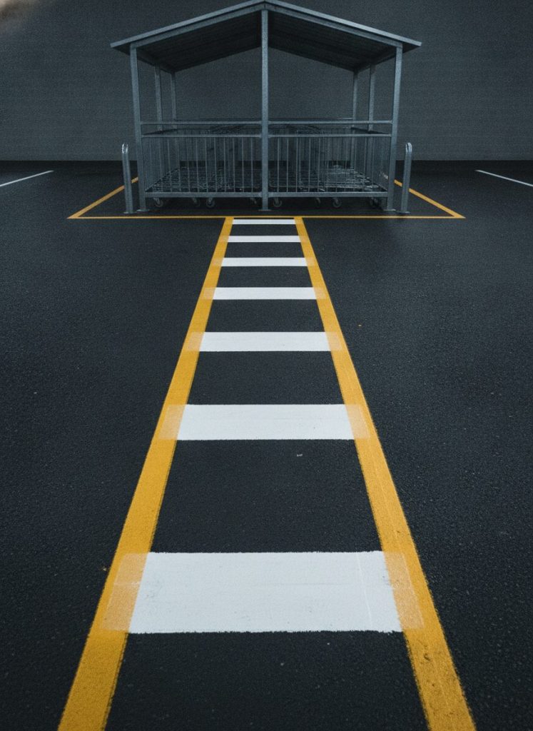 Cadrage vertical sur un cheminement piéton peint au sol dans un parking commercial, bandes blanches et jaunes fraîches et nettes sur enrobé propre, abri à chariots vide en arrière-plan. Lumière artificielle froide, photoréaliste, aucun texte incrusté, aucune enseigne.