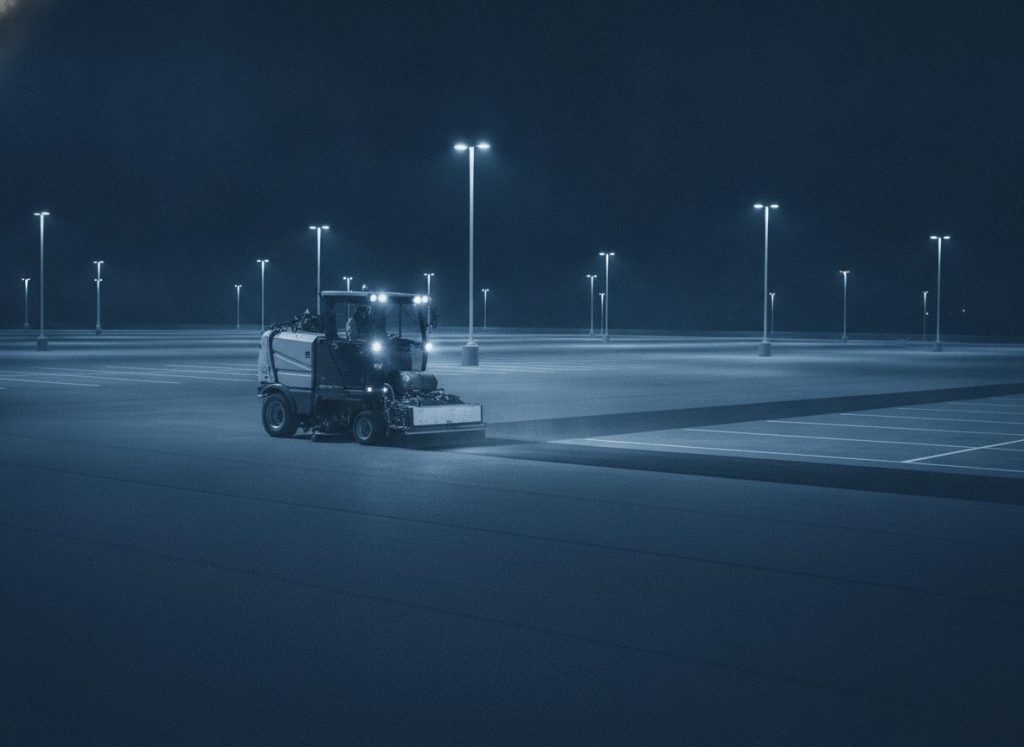 Vaste parking commercial extérieur pendant un balayage mécanique de nuit, balayeuse aspiratrice autoportée de grande capacité de trois-quarts, enrobé net sur une large bande, marquage des places blanc, mâts d’éclairage alignés jusqu’à l’horizon. Éclairage artificiel froid, dominante bleu marine et bleu clair, photoréaliste, aucun texte incrusté, aucune enseigne lisible.