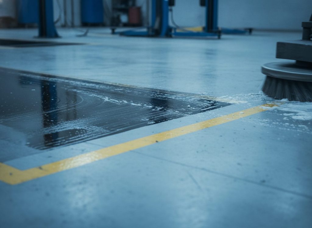 Sol béton d’un atelier automobile en cours de dégraissage, traînées sombres d’huile moteur sur la moitié haute, béton nettoyé gris clair sur la moitié basse, marquage jaune d’emplacement net, brosse rotative en action, pont élévateur flou en arrière-plan. Éclairage industriel froid, dominante bleu marine et bleu clair, photoréaliste, aucun texte incrusté, aucune marque automobile identifiable.