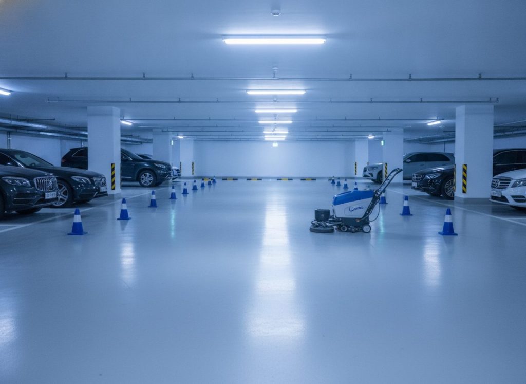 Parking souterrain d’hôtel haut de gamme, sol béton clair miroitant, quelques véhicules garés, zone de travail balisée discrètement par des cônes sur une dizaine de places, autolaveuse compacte sur batterie. Éclairage doux et homogène, dominante bleu marine et bleu clair, ambiance feutrée, photoréaliste, aucun texte incrusté, aucune plaque lisible.