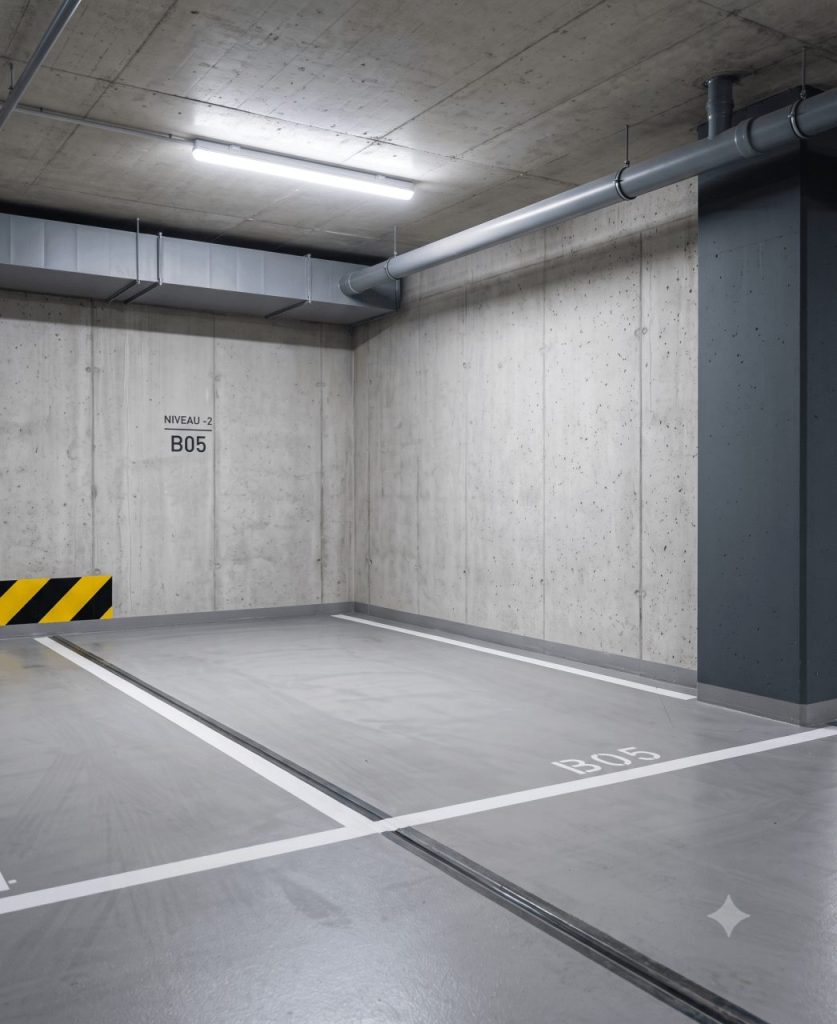 Cadrage vertical sur un angle de mur et de sol de parking neuf après nettoyage de fin de chantier. Béton net, absence totale de poussière, joint de dilatation propre, canalisation peinte au plafond.