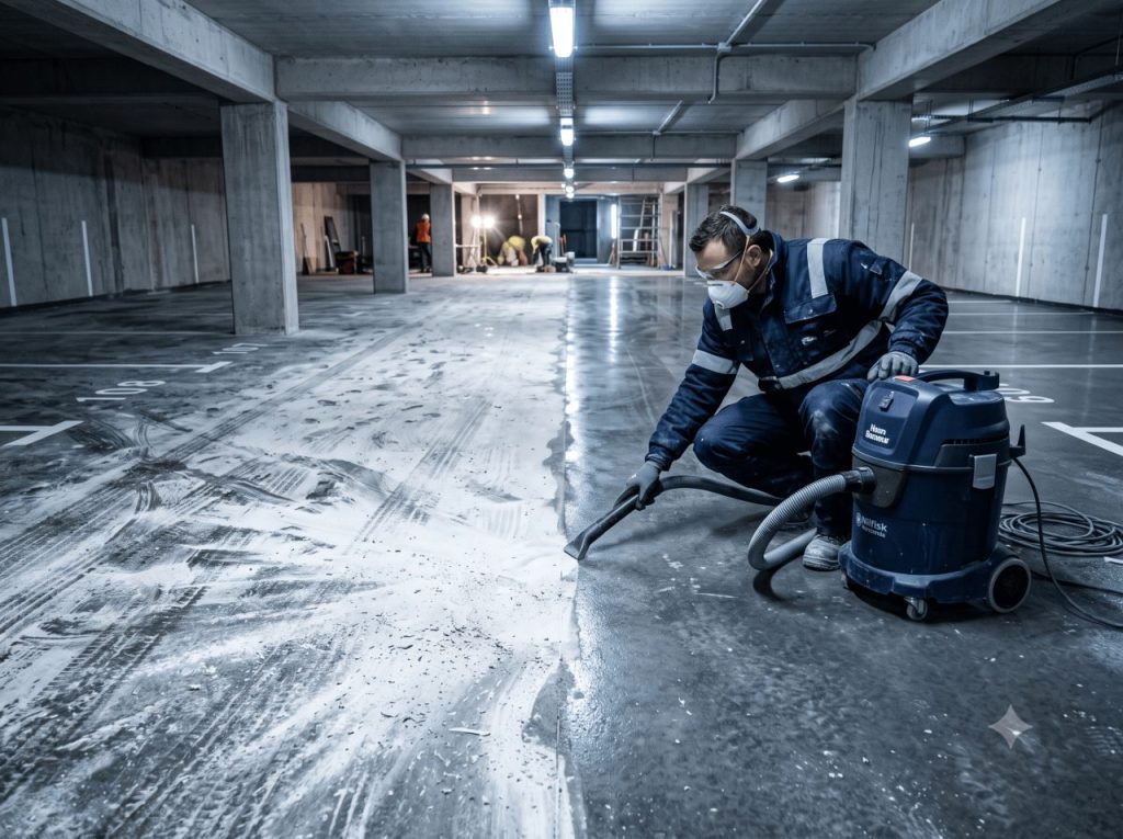 Parking en fin de chantier, sol béton couvert de poussière blanche de découpe et de traces de laitance sur une moitié, parfaitement propre sur l’autre. Aspirateur industriel de chantier au premier plan, opérateur avec masque et lunettes de protection.