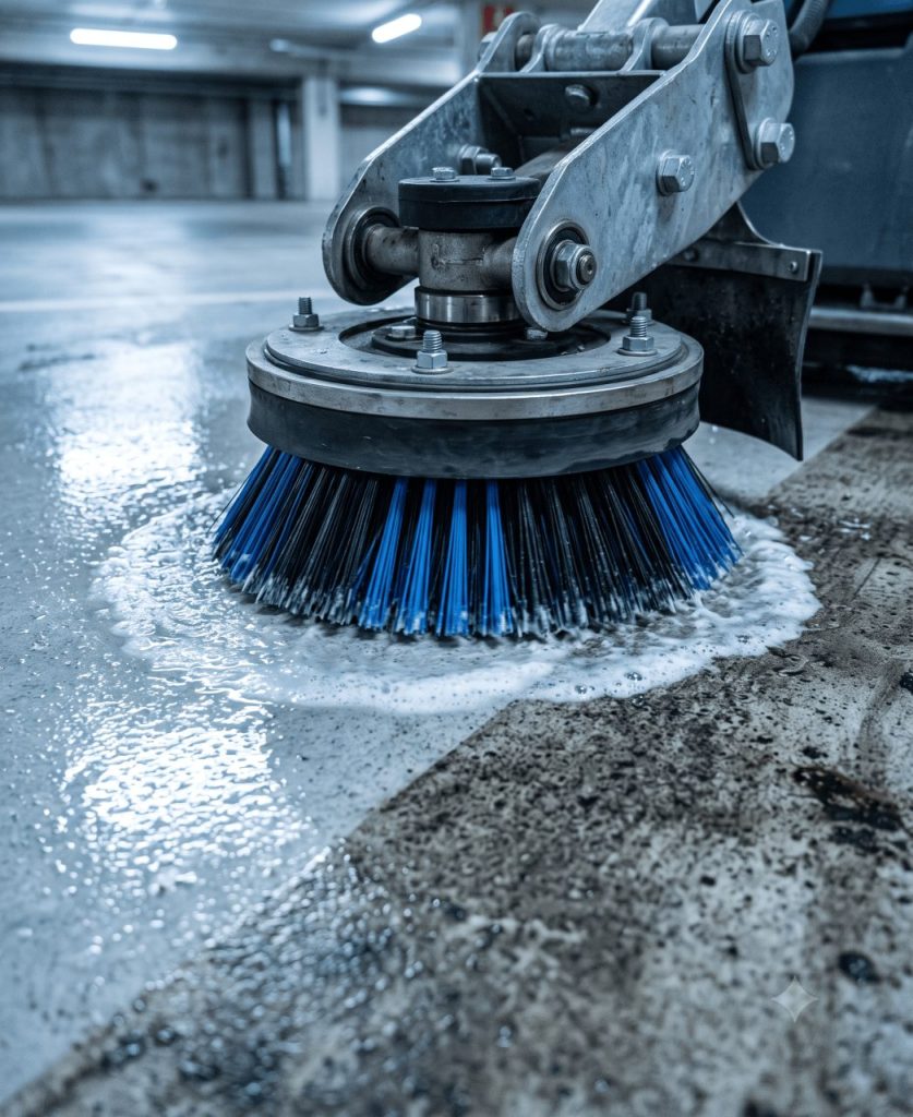 Vue verticale rapprochée de la brosse rotative d’une autolaveuse au contact du sol béton, eau et mousse visibles, démarcation nette entre le sol nettoyé et le sol encrassé.