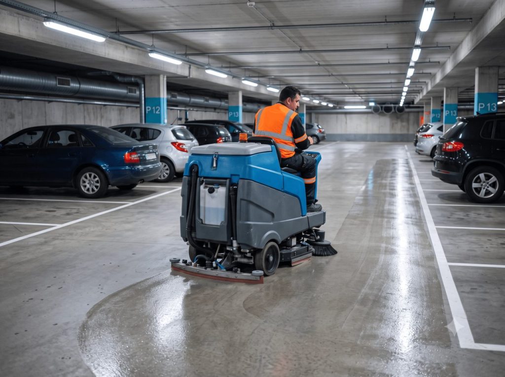 Autolaveuse autoportée industrielle bleue en action dans une allée de parking couvert, vue de trois-quarts arrière. Trace humide brillante derrière la machine contrastant avec le sol mat devant, opérateur assis en gilet haute visibilité, places de stationnement lignées de blanc de part et d’autre.