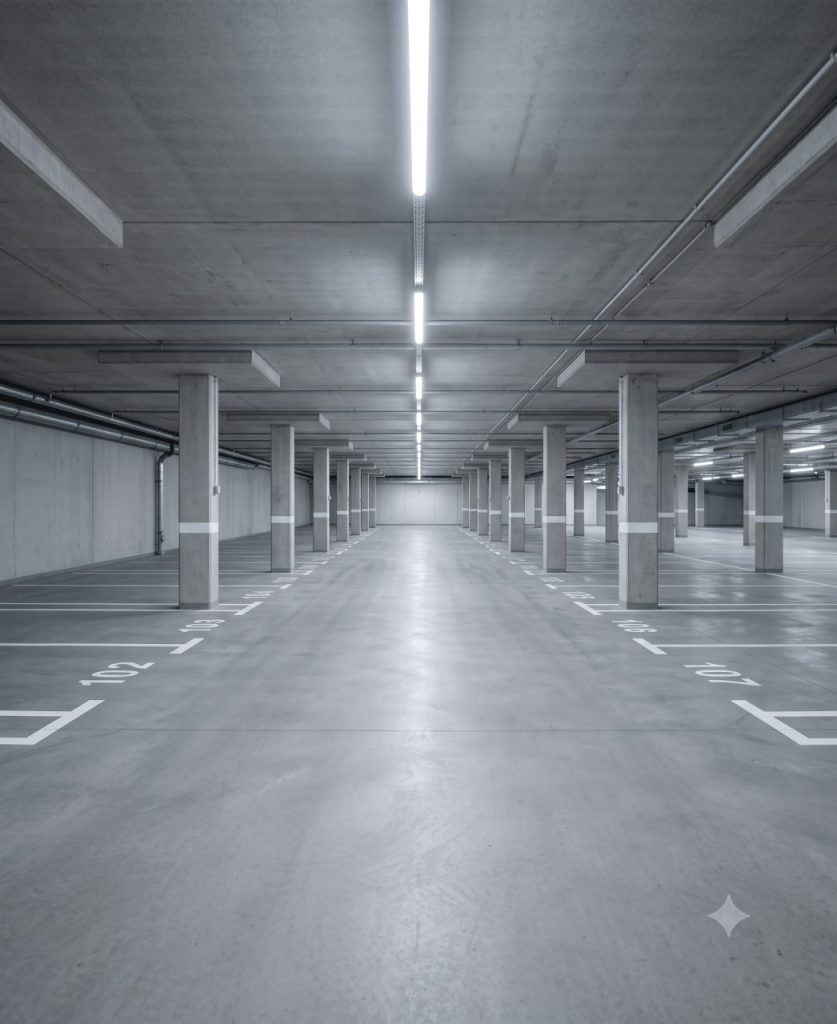 Vue verticale en enfilade d’une allée de parking souterrain parfaitement entretenue, perspective centrale, sol béton uniforme sans tache, numéros de places nets, luminaires alignés au plafond.
