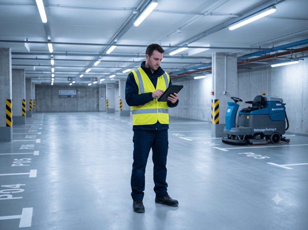 Chef d’équipe en tenue de travail sombre et gilet haute visibilité consultant une tablette dans un parking souterrain propre et bien éclairé, autolaveuse garée en arrière-plan. Sol béton net et uniforme, marquage blanc franc, places alignées.