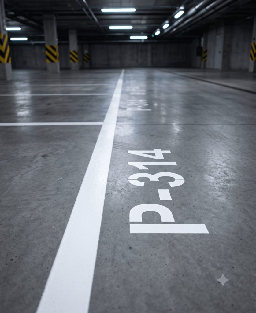 Détail vertical de marquage au sol de parking fraîchement refait, bande blanche franche sur béton propre, numéro de place peint net, léger reflet des luminaires.