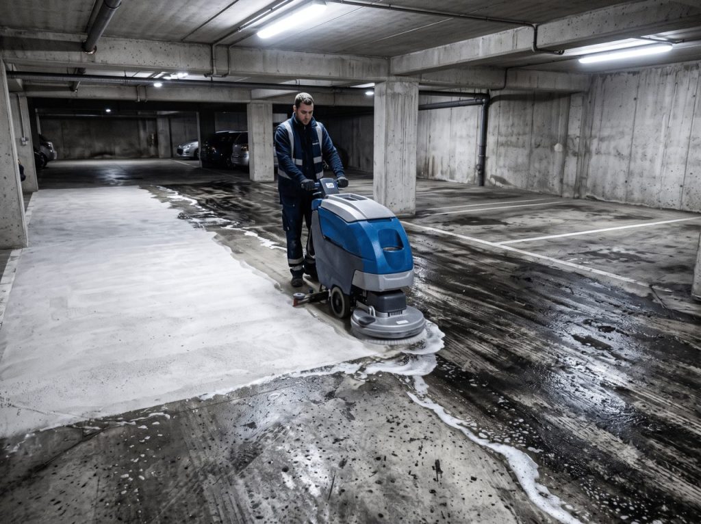 Sol de parking souterrain en cours de remise en état, avec une démarcation spectaculaire entre une zone décapée faisant apparaître le béton gris clair et une zone encore recouverte d’une pellicule noire encrassée. Monobrosse industrielle au centre, opérateur en tenue de travail.