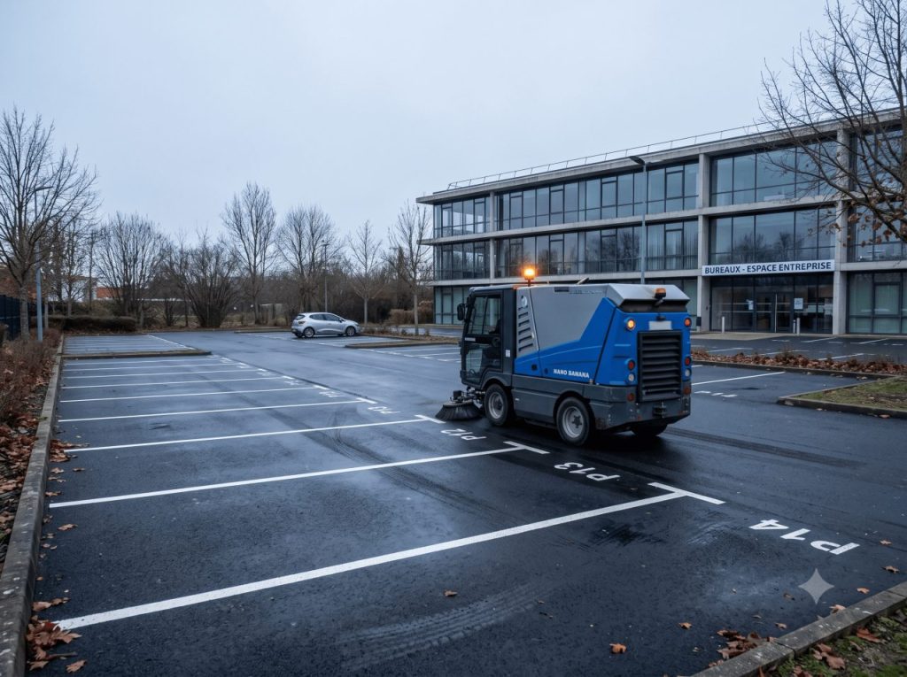 Parking extérieur d’immeuble de bureaux en fin de nettoyage, vue à hauteur d’homme. Balayeuse aspiratrice compacte de trois-quarts, enrobé sombre net et légèrement humide, marquage des places blanc et franc, quelques feuilles mortes en bordure, arbres nus en arrière-plan, ciel gris clair.