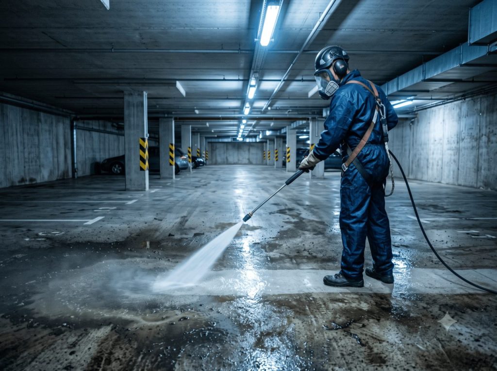 Opérateur en équipement de protection complète utilisant une lance haute pression sur un sol de parking béton. Jet d’eau visible, projection fine, contraste marqué entre bande nettoyée claire et béton encrassé sombre.