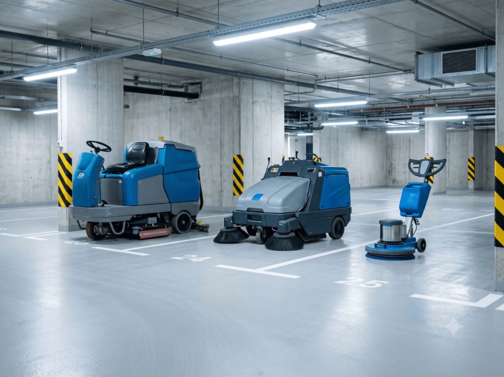 Alignement de matériel professionnel de nettoyage de parking dans un sous-sol propre : autolaveuse autoportée, balayeuse compacte et monobrosse, vues de trois-quarts, sol béton clair brillant, murs béton.