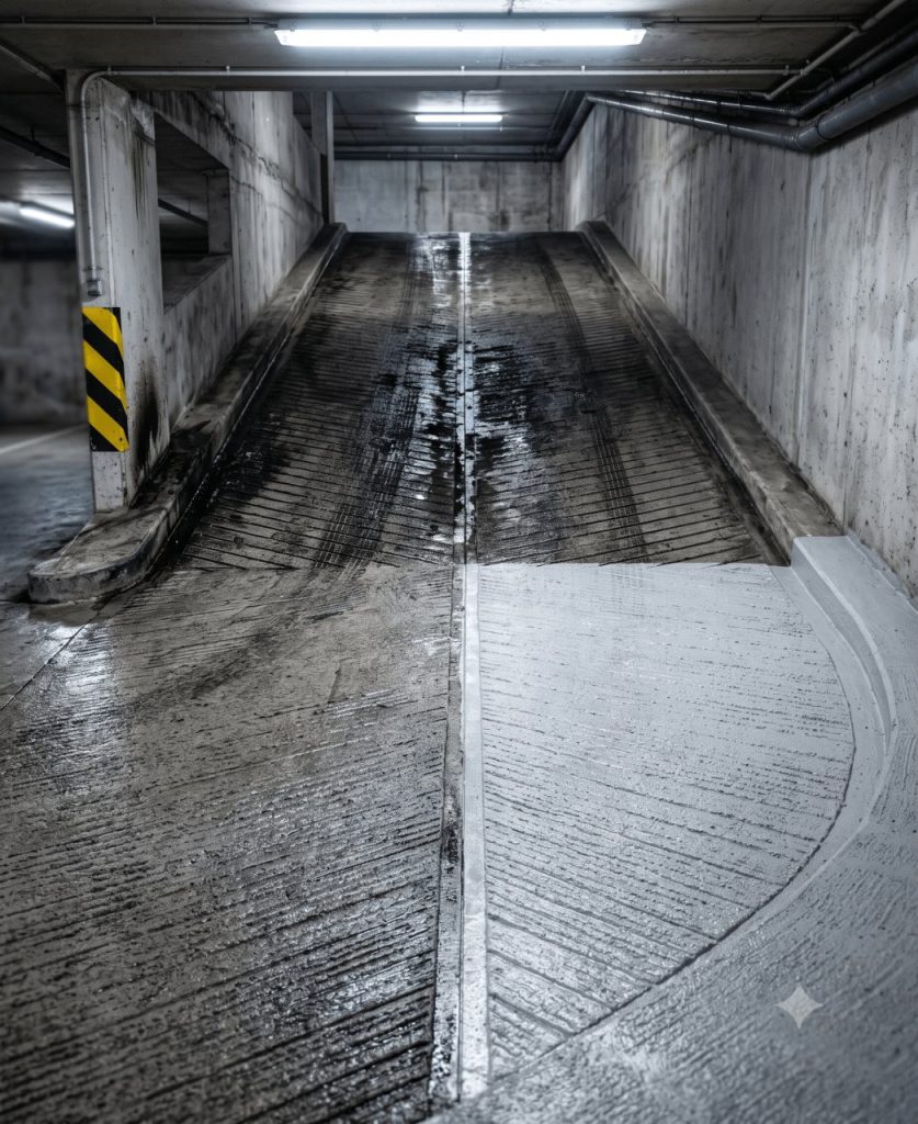 Comparaison verticale avant et après sur une rampe de parking : partie haute couverte de traînées noires d’hydrocarbures et de gomme de pneus, partie basse dégraissée faisant apparaître le béton gris clair d’origine.