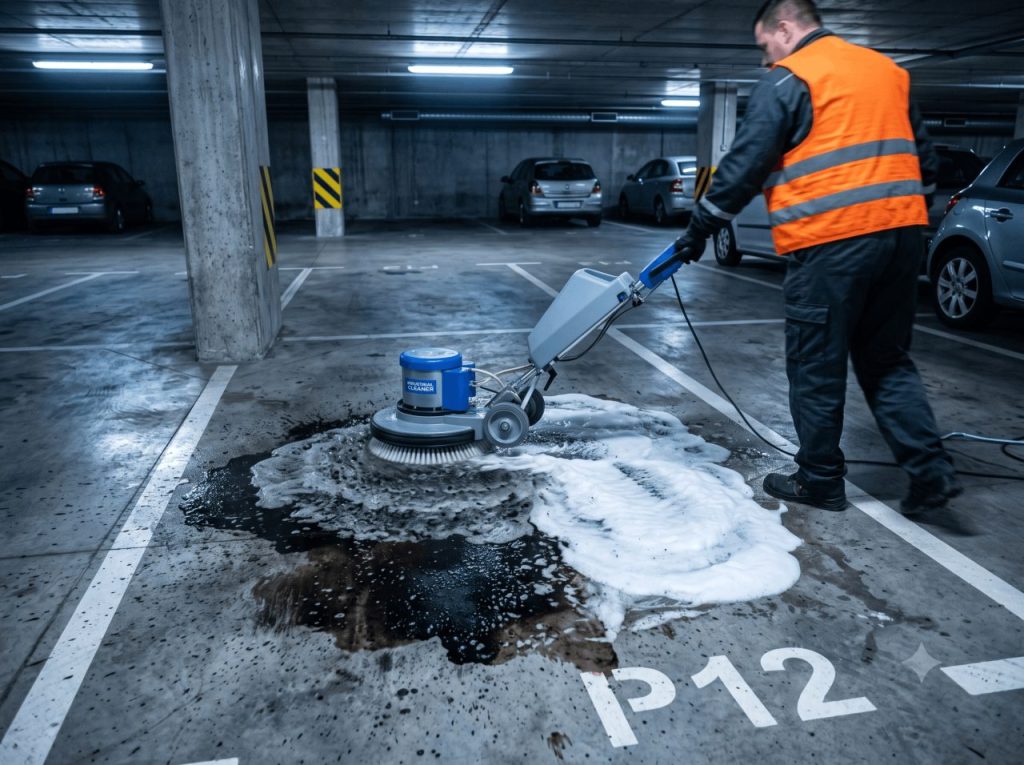 Place de stationnement en béton présentant une large tache d’huile moteur noire au centre, en cours de traitement. Produit dégraissant blanc appliqué en mousse sur une moitié, brosse rotative en action, marquage au sol blanc de la place bien visible.