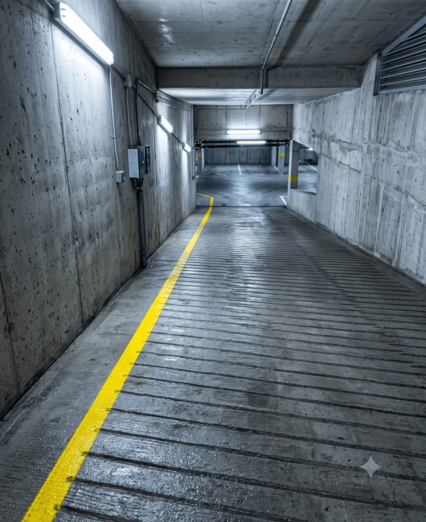Cadrage vertical sur une rampe d’accès de parking souterrain après dégraissage. Béton strié antidérapant propre, traces d’hydrocarbures effacées, bande de guidage jaune vive, mur béton brut, perspective plongeante vers le niveau inférieur