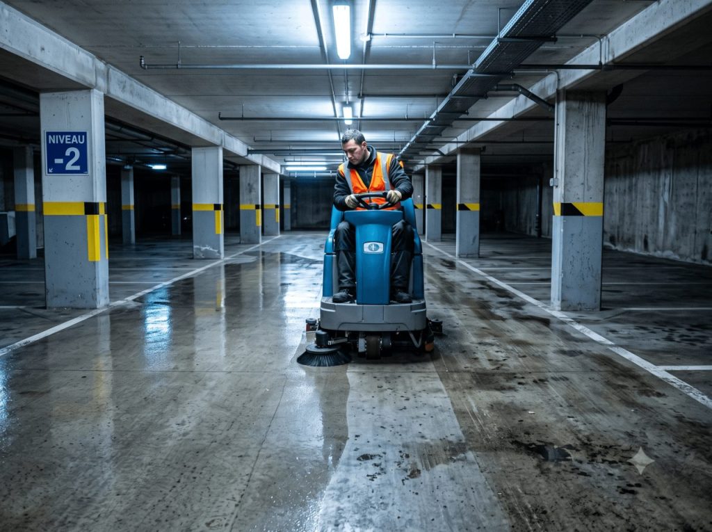 Parking souterrain de résidence au niveau -2 en cours de nettoyage. Autolaveuse industrielle compacte vue de face, opérateur en gilet haute visibilité, sol béton montrant nettement la limite entre zone traitée brillante et zone encrassée mate, poteaux béton peints, panneau de niveau.